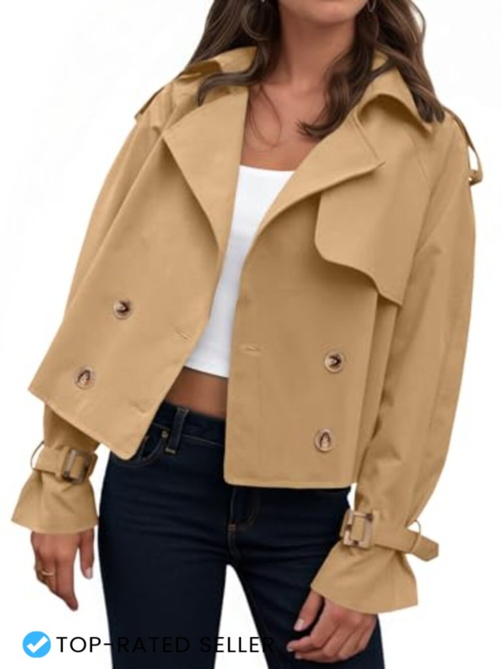 Tankaneo Women's Cropped Trench Coat Oversized Double Breasted Button